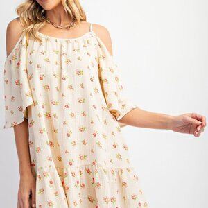NWT Easel Brand Floral Cotton Gauze Pom Pom Trim Dress